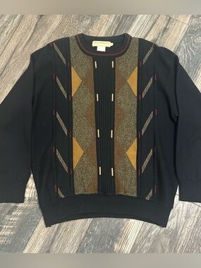 Vintage Norm Thompson Wool Blend Geometric Crewneck Sweater Men Large Navy Tan